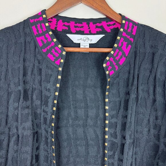 Ming Wang Cardigan Jacket Women 2X Black Pink Open Front Knit 3/4 Sleeve Studded - Picture 3 of 12